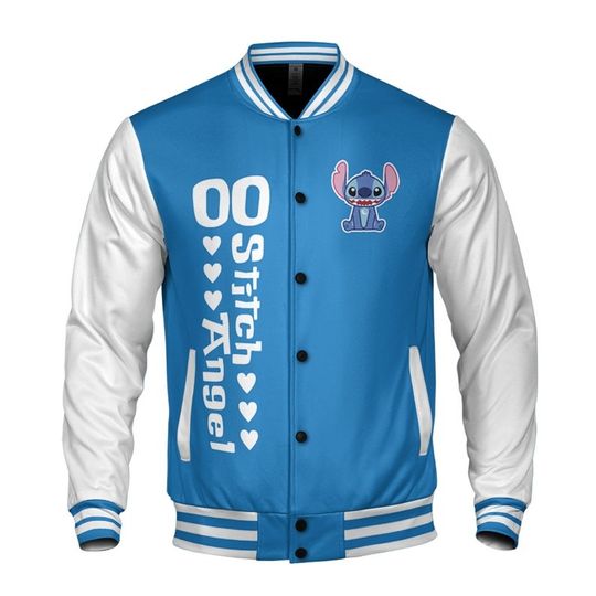 Custom Stitch and Angel Couple Blue Baseball Jacket, Disney Stitch Varsity Jacket