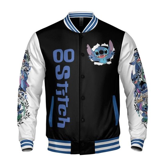 Custom Stitch Black Baseball Jacket, Disney Stitch Varsity Jacket, Gift for Disney Fans