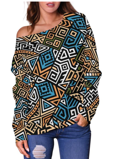 Ethnic Print Pattern All-Over Print Oversized Women's Off-Shoulder Sweatshirt