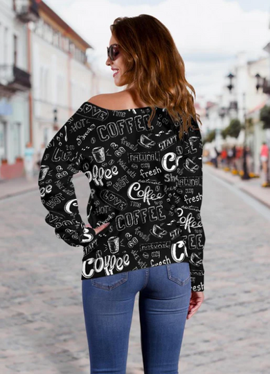 Coffee Black Pattern All-Over Print Oversized Women's Off-Shoulder Sweatshirt