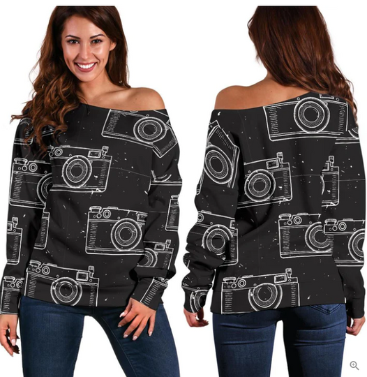 Black Camera Pattern Print All-Over Print Oversized Women's Off-Shoulder Sweatshirt
