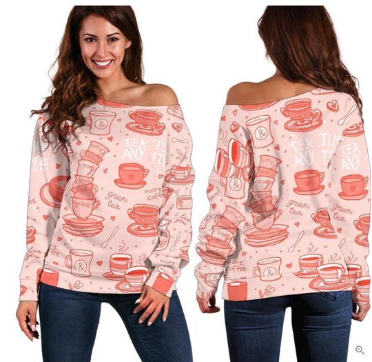 Coffee Pink Pattern All-Over Print Oversized Women's Off-Shoulder Sweatshirt
