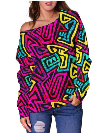 Funky Pattern Print All-Over Print Oversized Women's Off-Shoulder Sweatshirt