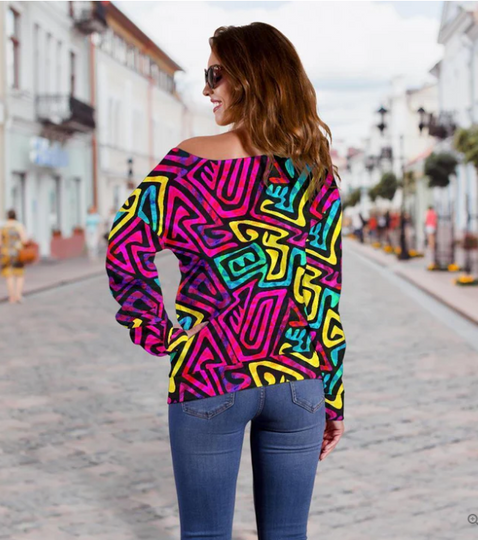 Funky Pattern Print All-Over Print Oversized Women's Off-Shoulder Sweatshirt