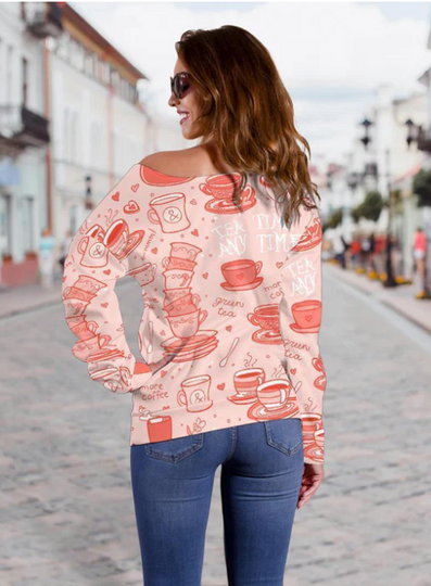 Coffee Pink Pattern All-Over Print Oversized Women's Off-Shoulder Sweatshirt