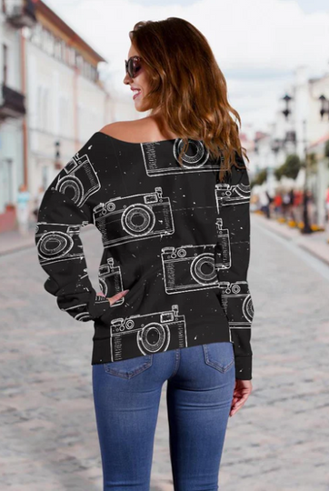 Black Camera Pattern Print All-Over Print Oversized Women's Off-Shoulder Sweatshirt