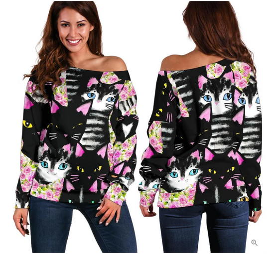 Cute Black Cat Pattern All-Over Print Oversized Women's Off-Shoulder Sweatshirt