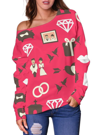 Wedding Pink Pattern All-Over Print Oversized Women's Off-Shoulder Sweatshirt