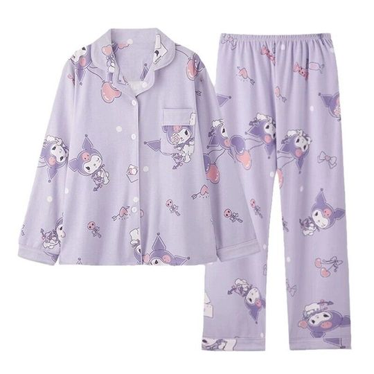 Cartoon Kuromi Women Long Sleeved Pure Cotton Pajamas Nightshirt Sleepwear Set-