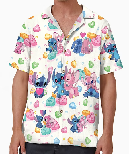 Candy Heart Stitch Hawaiian Shirt, Stitch And Angel Valentines Shirt Gift
