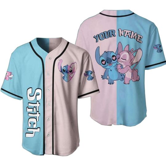 Happy Valentine Day Stitch And Angel Baseball Jersey Couple Shirt