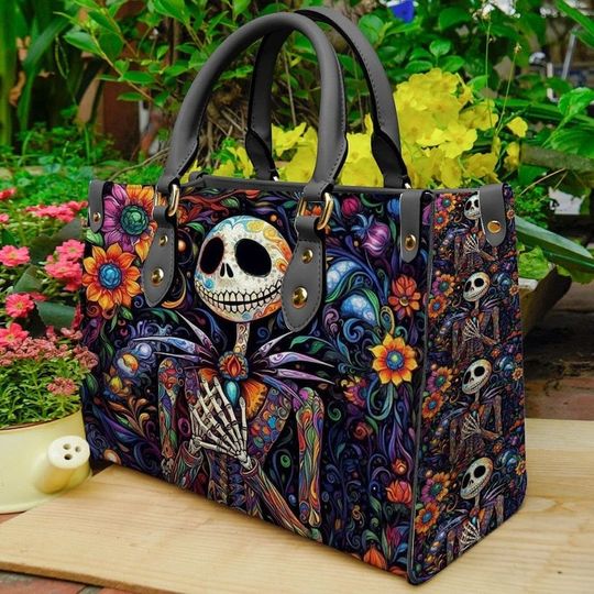 Jack Skellington Leather Women Bag, Skellington Flower Handbag