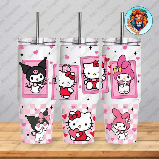 Valentine Cartoon 40oz Tumbler Wrap, Hello Kitty Gift Valentine Tumbler