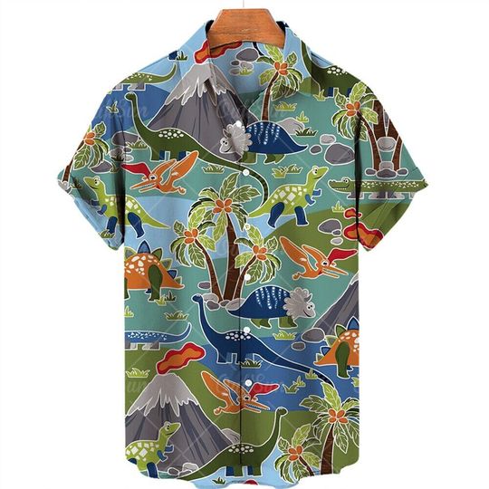 Dinosaur Island Volcano Cartoon Colorful Print Hawaiian Shirt