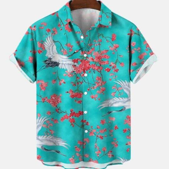Asian Lucky Crane Cherry Blossom Art Men's Hawaiian Shirt