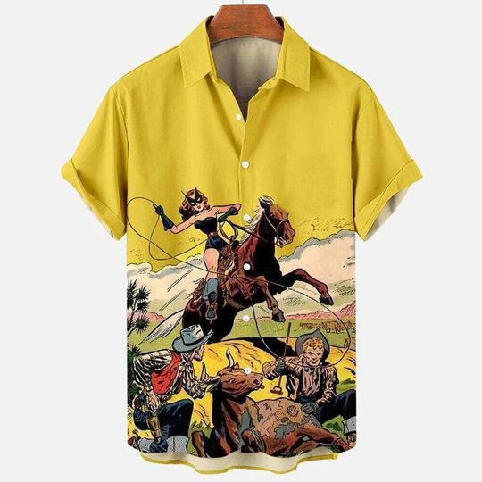 Wild West Superhero Cow Girl Cartoon Art Print Men's Button Hawaiian Beach Shirt