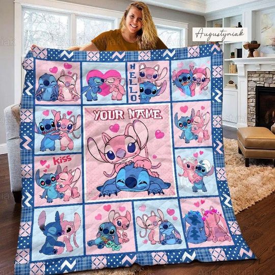 Personalized Stitch And Angel Quilt, Disney Couple Stitch And Angel Fleece Blanket