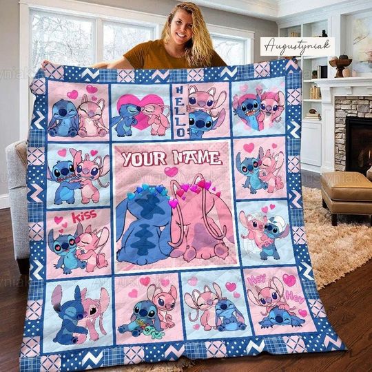 Personalized Couple Stitch And Angel Quilt, Stitch And Angel Fleece Blanket