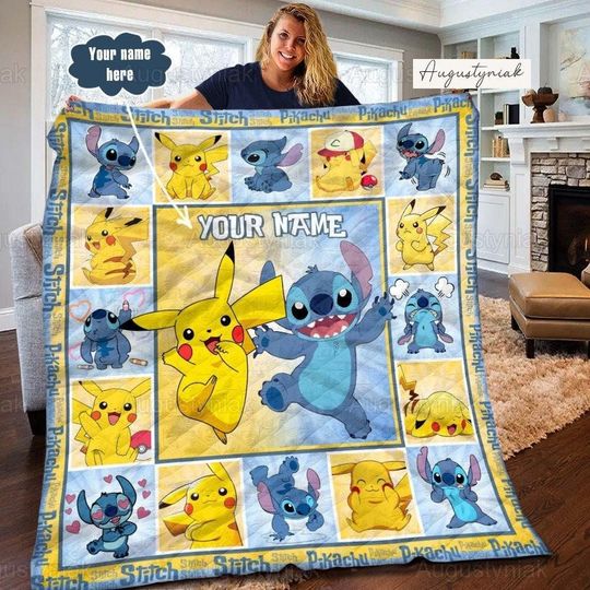 Personalized Stitch And Pika Quilt, Cute Couple Quilt, Pika Fleece Blanket