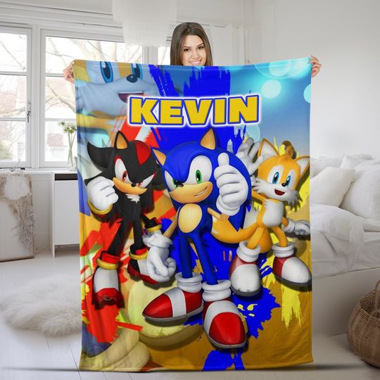 Custom Sonic The Hedgehog Blanket, Personalized Fleece Blanket