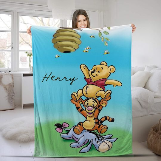 Personalized Winnie The Pooh Blanket, Pooh Bear Fleece Blanket