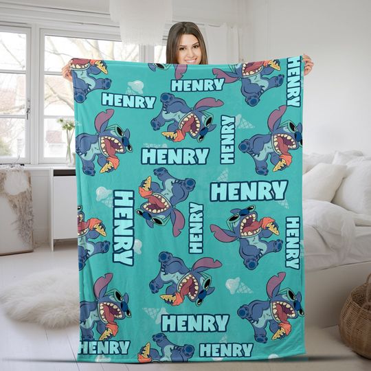 Personalized Stitch Blanket, Kid Name Blanket, Cartoon Movie Fleece Blanket