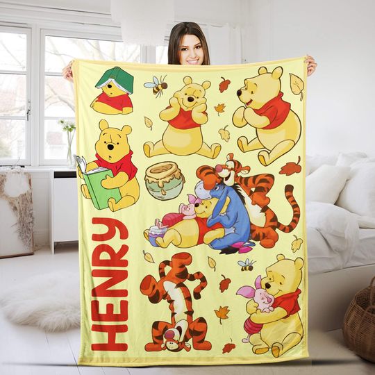 Personalized Disney Winnie the Pooh Blanket, Custom Name Pooh Bear and Friends Fleece Blanket