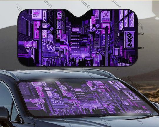 Anime Sunshade Sun Blocker for windshield, Japanese vaporwave cyberpunk neon