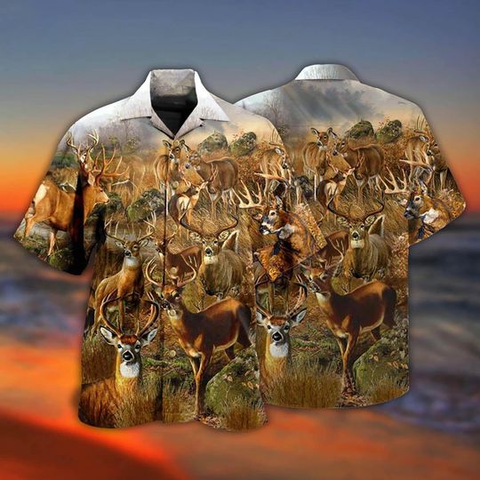 Deer In The Dry Forest With Vintage Style Hawaiian Shirt