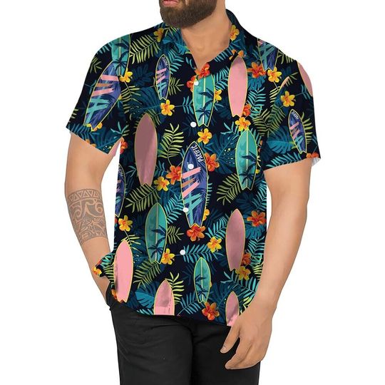 Hawaiian Surfboard Shirt for Men, Women, Aloha Shirt Summer Casual Button Down