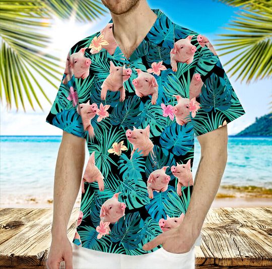Pig Hawaiian Shirt for Men, Women, Funny Aloha Shirt Summer Casual Button Down