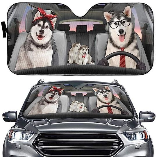 Husky Dog Family Driving Go On A Trip Car Windshield Sun Shade