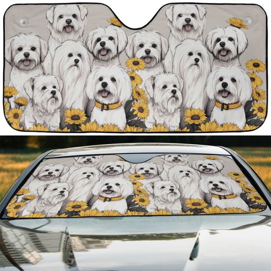 Maltese Happy Team Dogs Sunflowers Car Windshield Sun Shade