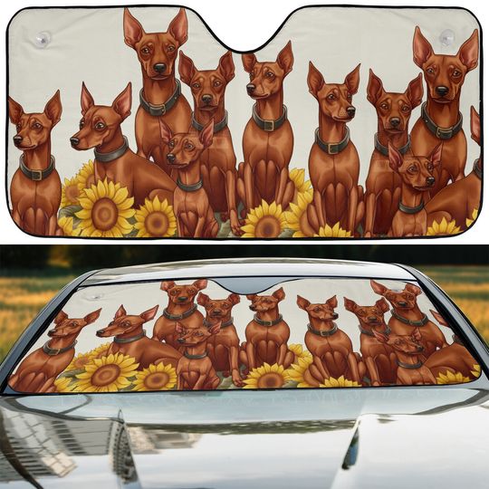 Red Miniature Pinscher Happy Team Dogs Sunflowers Car Windshield Sun Shade