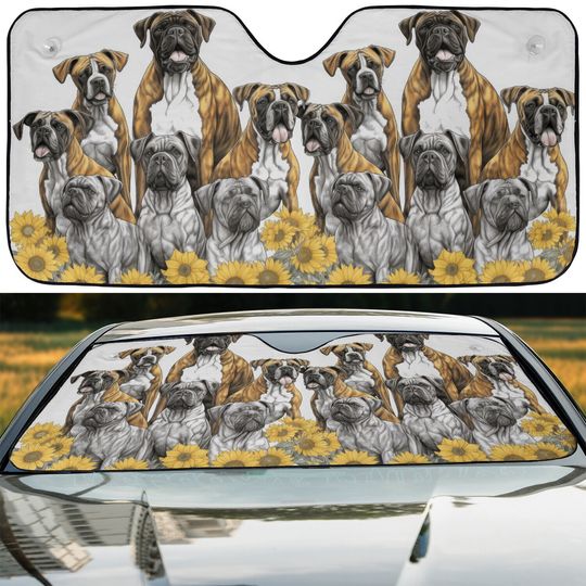 Boxer Dogs Happy Team Dogs Sunflowers Car Windshield Sun Shade