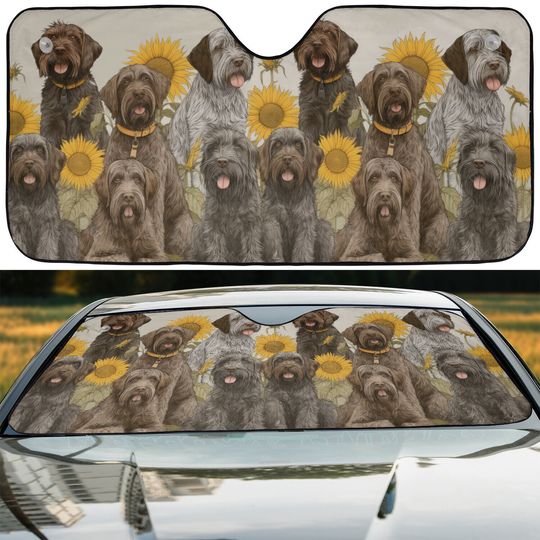 Wirehaired Pointing Griffon Dogs Sunflowers Car Windshield Sun Shade