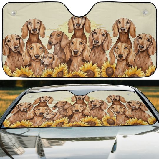 Dachshund Dogs Happy Team Dogs Sunflowers Car Windshield Sun Shade