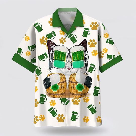 Cat Wearing Glasses With Beer Happy St. Patrick's Day 3D Hawaiian Shirt