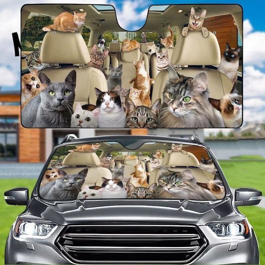 Funny Cat Family Car Sun Shade, Cat Car Accessories, Cat Windshield Sunshade Car
