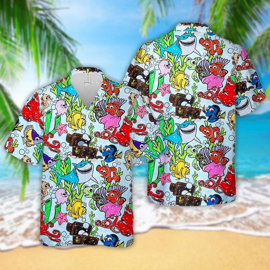 Disney Finding Nemo Cartoon Button Up 3D Hawaiian Shirts, Fish Adventure Hawaiian