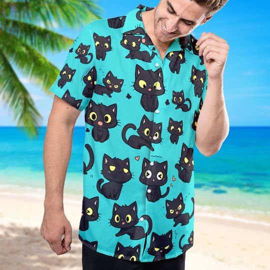 Black Cat Hawaii Shirt, Cat Game Button Up Shirt Holiday