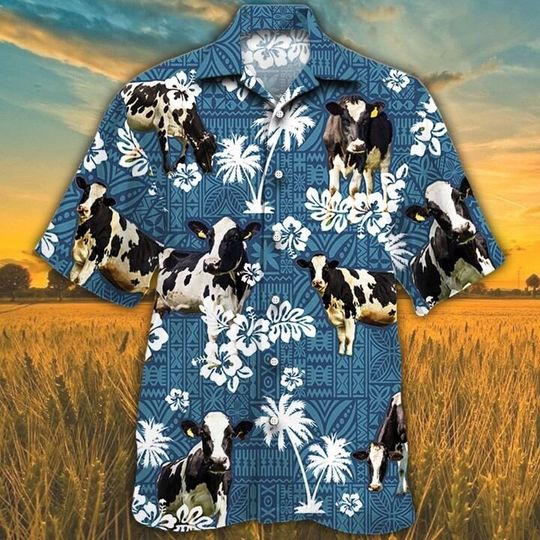 Holstein Friesian Cattle Blue Tribal All Over Printed 3D Hawaiian Shirt
