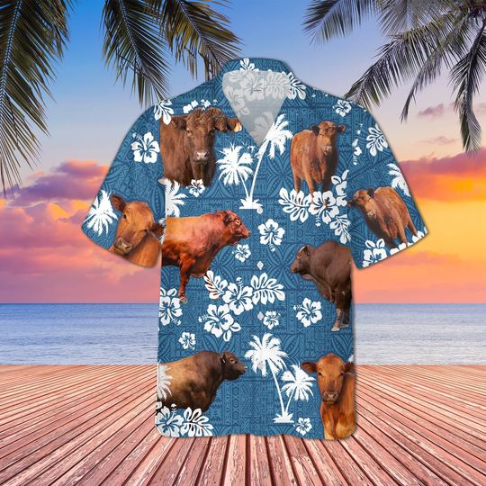 Red Angus Cattle Blue Tribal All Over Printed 3D Hawaiian Shirt