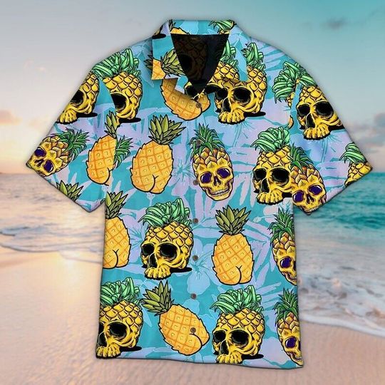 Unisex 3D Tropical Pineapple Skull Hawaiian Shirt For Men, Aloha Hawaiian Shirt