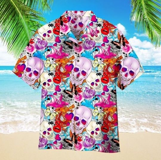 Skulls And Roses Aloha Hawaiian Shirts, Skull Hawaii Shirt, Beach Shirt