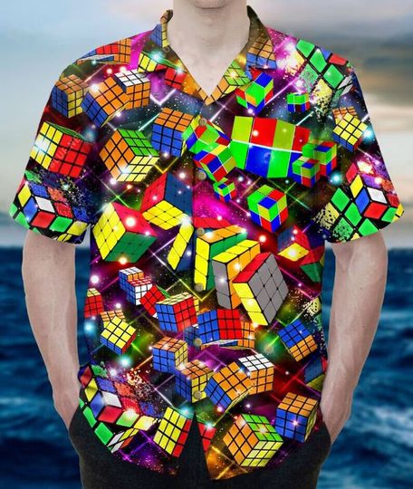 Rubik Cube Hawaiian Shirt Cubing Puzzle Gaming Player Colorful Graphic Tee Gift