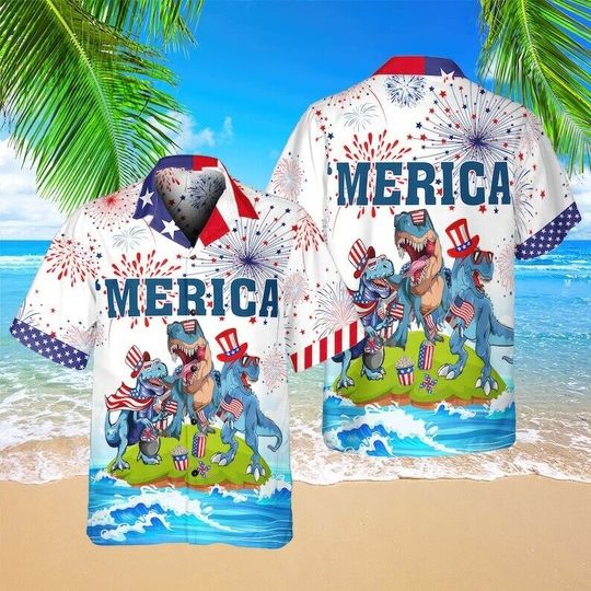 American Flag Independence Day 4th Of July Dinosaur Summer Aloha Hawaiian Shirts
