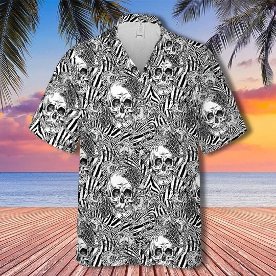 Skulls Men 3D Printed Skull Hawaiian Shirt, Summer Regular Button Aloha Shirts
