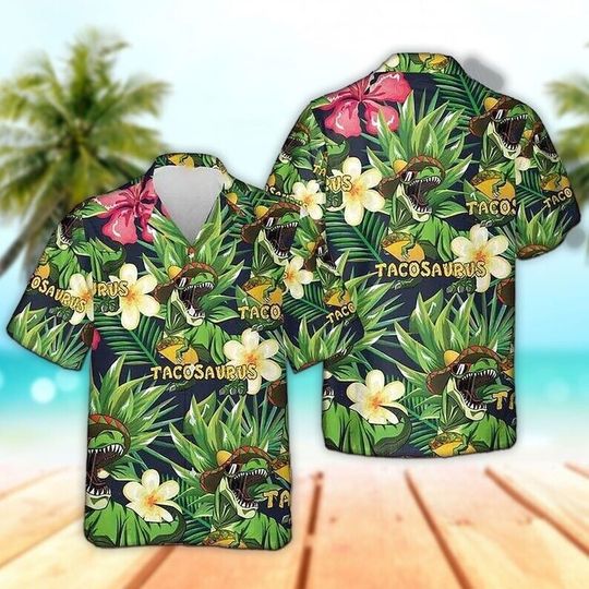 3D Trex Tacos Dinosaurs Short Sleeve Summer Beach Hawaiian Shirt