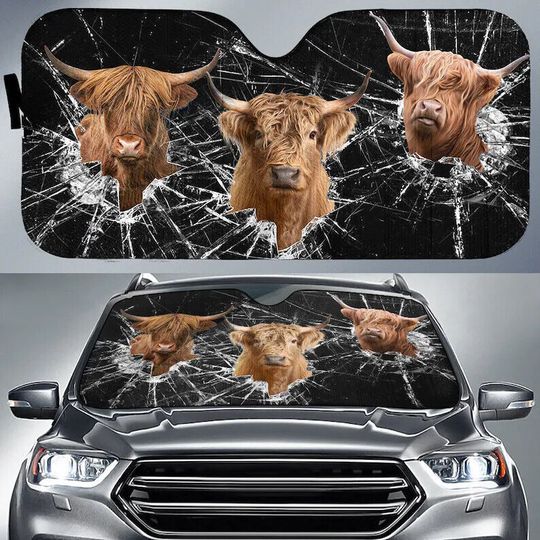 Highland Cow Broken Glasses 3D Front window Car Accessories Car Sunshade